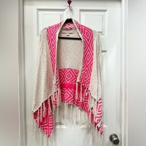 Pink and Cream Fringe Cotton Knit Cardigan